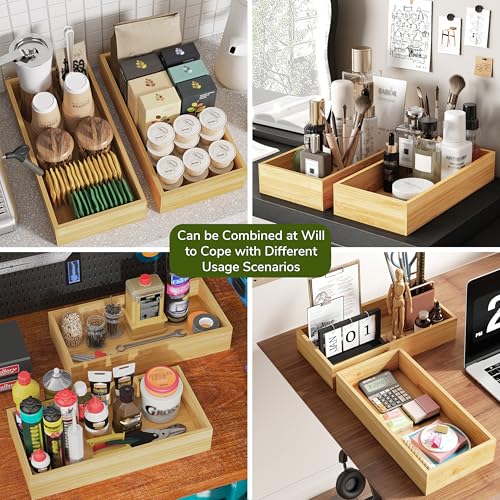 BAMEOS Deep Utensil Drawer Organizer, Bamboo Silverware Organizer for Kitchen Drawer Storage Flatware Junk Cutlery Jewelry 14"x 6.8" Set of 2 (Natural) - size: 2 Boxes 14x7"