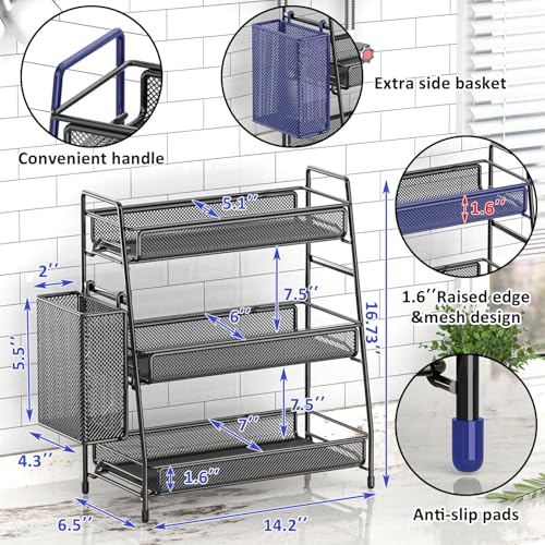 EKNITEY Bathroom Countertop Organizer Shelf - 3 Tier Counter Spice Rack Metal Makeup Rack Small Coffee Station Organizer for Sink/Bedroom/Living room/Kitchen/Office - color: Black with Basket