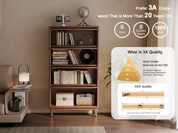 Solid Wood 4 Tier Bookcase with Tempered Glass Doors, Elegant Wooden Book Shelf with Doors 60H/32w/14 inch Log Khaki, Luxury Antique Bookcase Artwork Book Shelves/case for Home Office
