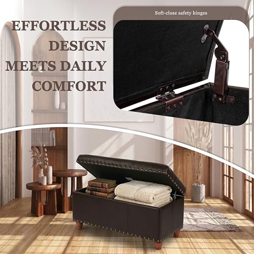 HomePop Espresso Faux Leather Storage Cocktail Bench with Nailhead Trim - color: Espresso Brown