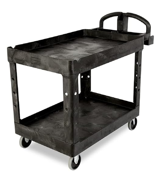 Rubbermaid Commercial Products BRUTE Heavy Duty 2-Shelf Utility/Service Cart, Medium, Lipped Shelves, Ergonomic Handle, 750 lb Capacity, Black, for Warehouse/Garage/Cleaning/Office