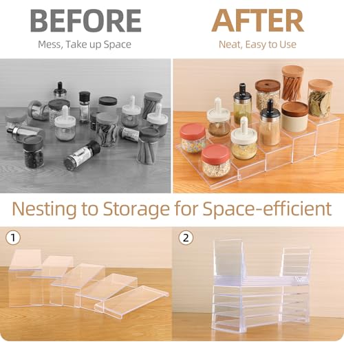 10 Pack Acrylic Spice Rack Organizer for Cabinet(10.8"~12.4"L), 5 Size Seasoning Organization with Non-Slide Silicone Pads, Clear Shelf Riser Storage Can & Cup for Kitchen Countertop, Cupboard, Pantry