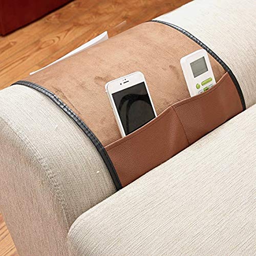 IPENNY No-slip Leather Sofa Couch Remote Control Holder Chair Armrest Caddy Pocket Organizer Storage Bag for Cellphone Tablet Notepad Book Magazines DVD Eyewears Drinker Snacks Holder Pouch - color: Coffee (Leather + Suede fabric)