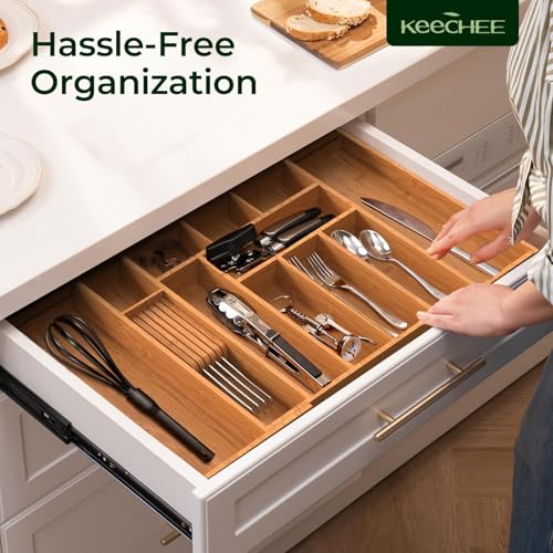 keechee Carbonized Large Bamboo Kitchen Drawer Organizer, 12 Slots Expandable Silverware Organizer, Utensil Holder & Cutlery Tray, 2.5" Deep for Extra Capacity, Non-Slip Feet Included - size: 12 Slots（Large & Expandable）