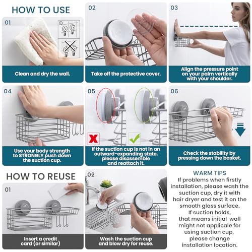 TAILI Shower Caddy Suction Cup 2 Pack with Hooks & Soap Holder, Heavy Duty Shower Organizer for Bathroom, No Drilling Bathroom Organizer with Large Capacity, Metal Storage Holder-Grey - style: 2 × Grey