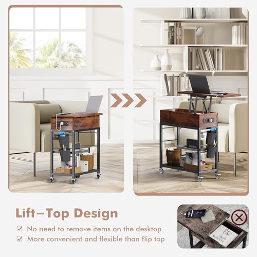 Colima Lift Top End Table with Charging Station and Wheels, Sofa Side Table with USB Port & AC Outlets, Movable Bedside Nightstand with Side Bag for Office Living Room Bedroom(Rustic Wood) - color: Rustic Brown
