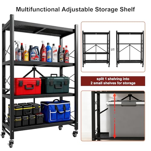 Grezone Foldable Shelves 4 Tier Heavy Duty Metal Storage Shelves with Wheels - No Assembly Collapsible Shelving Unit for Kitchen Garage Hold up to 1000 lbs - size: 39‘’W x 13.5''D x 49.8''H