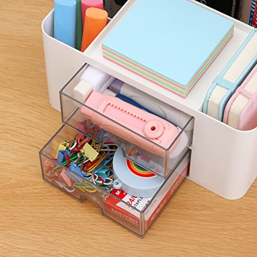 Desk Organizer with 2 Drawer, Plastic Desktop Pen Pencil Card Holder Storage Box for Desk, Office Supplies, Vanity Table Office School Home (White) - color: White