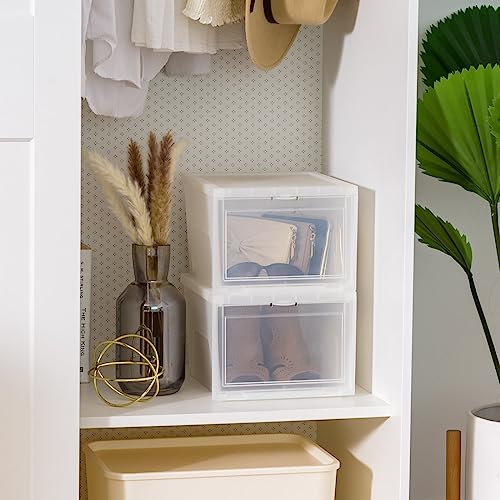 IRIS USA Stackable Shoe Storage Box with Latch Drop Front Door, 6-Pack, for Scarf Game Organizer Container with Ventilation Holes for Closet Under Bed Entryway Storage, Strudy, Tall, Clear - size: 14 Qt Drop Front - 6 Pack