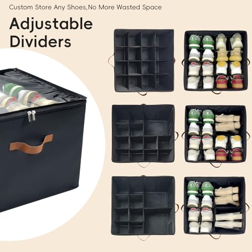 Shoe Organizer for Closet, 2 Pack Shoe Storage Bins with Clear Cover, Foldable and Adjustable Dividers, Fits 16-32 Pairs, Black - color: Black-2 Pack