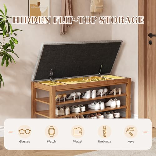 SolidWood Entryway Shoe Storage Bench, Flip-Top Soft-Close Lid, Adjustable Shelves, Cushioned Entryway Shoe Rack Organizer,Hallway, Closet, Foyer 39.4'' - size: 39.4"