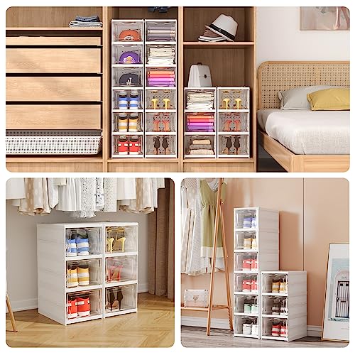 Shoe Storage Organizer Box 6-Tier Foldable Collapsible Stackable Shoe Rack Bins, Fit Size 12, No Assembly, for Men and Women