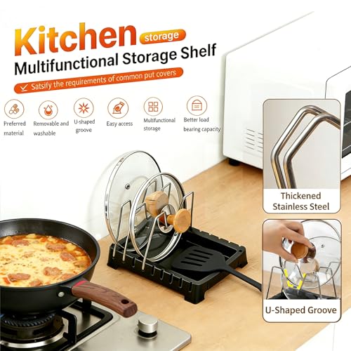 Adjustable Pot Lid Holder with Drip Tray, 2 in 1 Pot Lid Organizer & Spoon Rest, Stainless Steel Lid Holder for Countertop & Cabinet While Cooking, Space Saving Kitchen Pot Cover Rack, Easy Clean