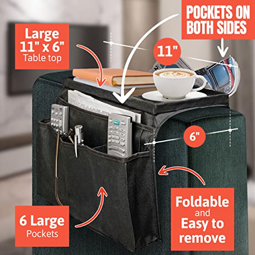 Perfect Life Ideas TV Remote Holder Couch Arm Tray Organizer, 6 Pockets, Black