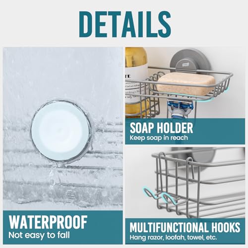 TAILI Shower Caddy Suction Cup 2 Pack with Hooks & Soap Holder, Heavy Duty Shower Organizer for Bathroom, No Drilling Bathroom Organizer with Large Capacity, Metal Storage Holder-Grey - style: 2 × Grey