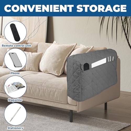 2Pcs Sofa Armrest Cover, Waterproof Armchair Slipcovers with Side Pocket, Couch Arm Covers, Easy Installation Armrest Organizer, Sofa Arm Protector for TV Remote Phone (Grey)