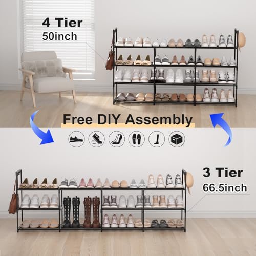 3 Row 4 Tier Long Shoe Rack, Black Metal Stackable Shoe Shelf with Multifunctional Hooks, Shoe Storage Hold 24-30 Pairs, Space Saving Shoe Organizer for Closet,Wide Shoe Rack - size: 3 Row 4 Tier