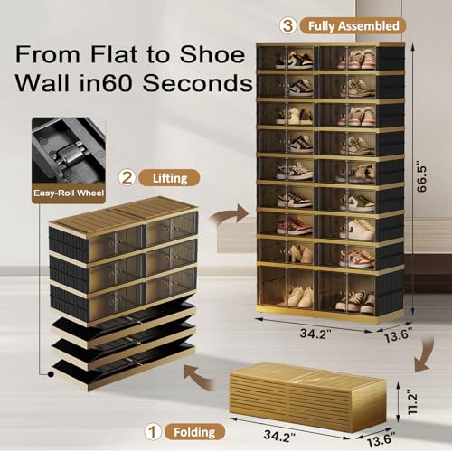 SYNCVIBE Shoe Rack Organizer for Closet Entryway Foldable Sneaker Storage Shoe, Collapsible Shoe Cabinet, Stackable Shoe Storage Cabinet with Lids for Living Room (9 Tiers -36 Pairs Black Gold) - size: 9 Tiers -36 Pairs Black Gold