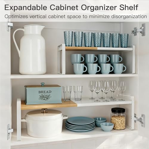 Expandable Cabinet Shelf Organizer & Spice Rack, Stackable Kitchen Counter Shelf with Anti-Slip Legs, Bamboo Cupboard Storage Riser for Dish, Plate & Canned Food (White)