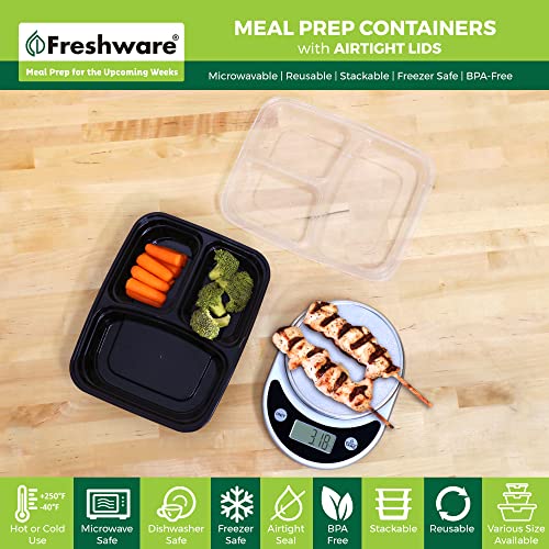 Freshware Meal Prep Containers 21 Count (Pack of 1), 3 Compartment with Lids, Food Storage Containers, Bento Box, Stackable, Microwave/Dishwasher/Freezer Safe (24 oz) - size: 3-COMP-21PK