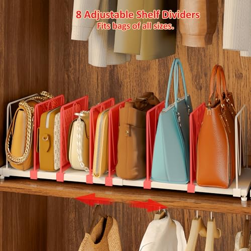 Dmevkic Extendable Purse Organizers Purse Storage. Length 16-28 in. Bag Organizer Purse Holder for Closet with 8 Adjustable Shelf Dividers Patent Pending - size: Regular Range (16–28")