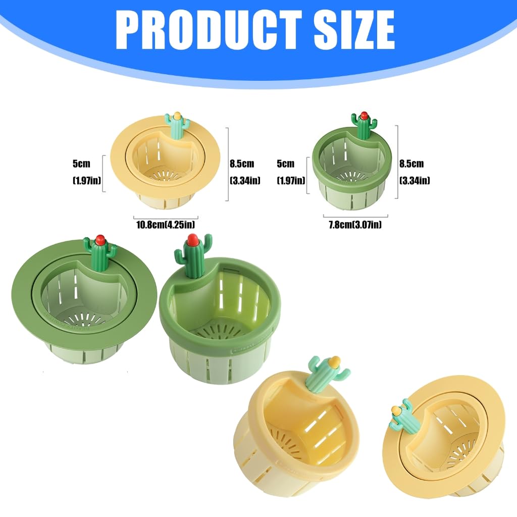 Cactus Kitchen Sink Drain Strainer Press to Dump Basket Waste Collector Fun Sink Accessory for Home Bathroom (YellowGreen-widened gasket-2)