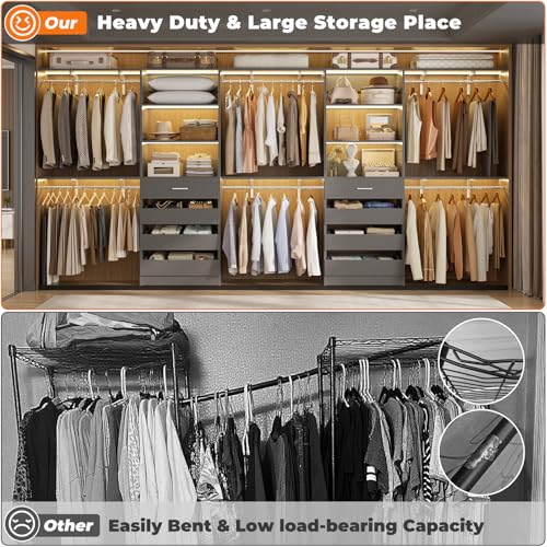 Aheaplus Closet System with Drawers Set of 2, Wood Closet Organizer System with 8 Hanging Rods & Top Shelves, Walk-in Closets Organizer Wardrobe Clothes Rack System, Cut Fits Spaces 4-9FT. Wide, Grey1 - color: Grey