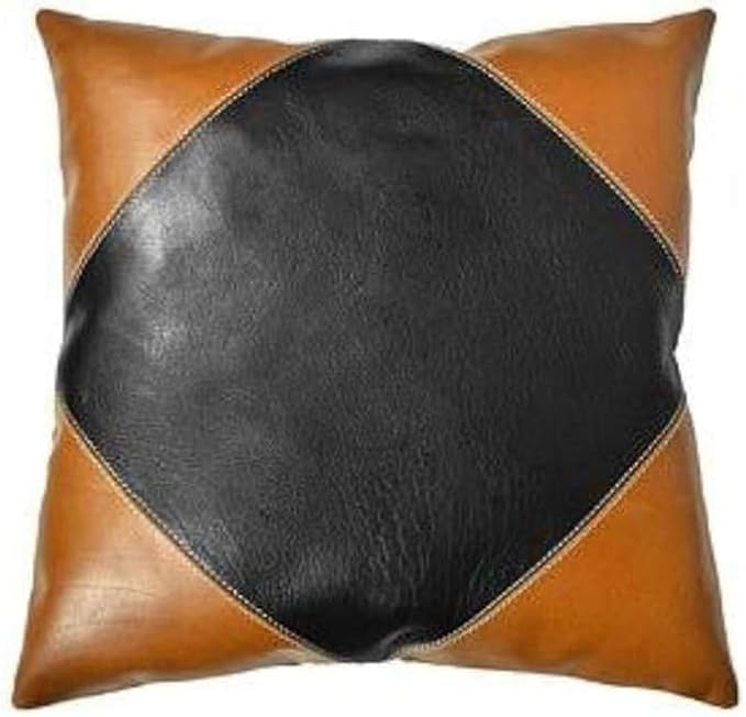 D DOLLY LAMB Lambskin Leather Pillow Cover - Sofa Cushion Case - Decorative Throw Covers for Living Room & Bedroom, 22x22 Inches - Camel Black Pack of 1