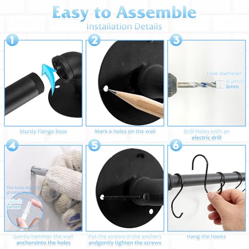 38.5 inch Pot Rack Wall Mounted Detachable Pan Rack Organizer Industrial Pipe Hanging Rail Lids Utensils Hanger Holder for Kitchen with 10 S Hooks, Black… - size: 38.5 Inches