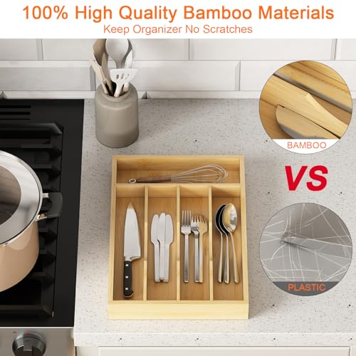 Youpehom Bamboo Utensil Organizer for Kitchen Drawers, Utensil Tray and Cutlery Silverware Holder,Wood Drawer Dividers with 5 Slots，2 pack - size: 5 Slots-2 Pack