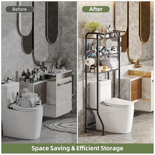 Simple Trending Over The Toilet Storage Cabinet, Metal Bathroom Shelf Organizer with Paper Holder and Hooks, 3 Tier, Black - color: Black
