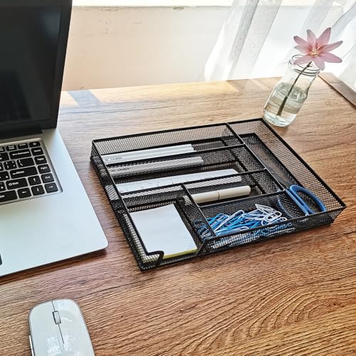 2-Pack Metal Mesh Desk Drawer Organizer Tray Set, 6-Compartment Office Drawer Organizer for Pens Supplies, 12.6"x8.27"x1.57" Black - color: 2pcs packed black