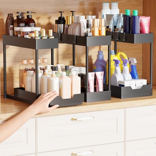 Simple Trending Under Sink Organizer 3 Pack, Sink Pull-Out Sliding Storage Cabinet, 2-Tier Under Shelf Organizer for Kitchen Bathroom, Black - size: 3 pack