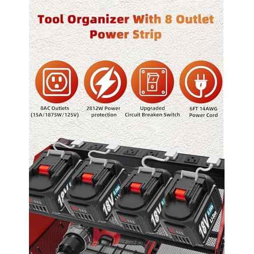 Power Tool Organizer wtih Charging Station£¬3 Layers Storage Rack with Screwdriver Rack 6 Drill Holders 8 Outlets Max Load 110lbs£¬for Workshop Garage Organizers and Storage Tool Battery Holder (Red)
