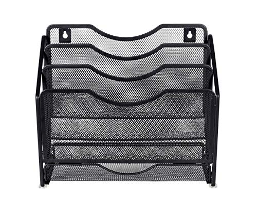 EasyPAG Mesh Desk Paper Organizer Wall Hanging File Holder with 3 Upright File Organizer and Sliding Drawer,Black - color: Black
