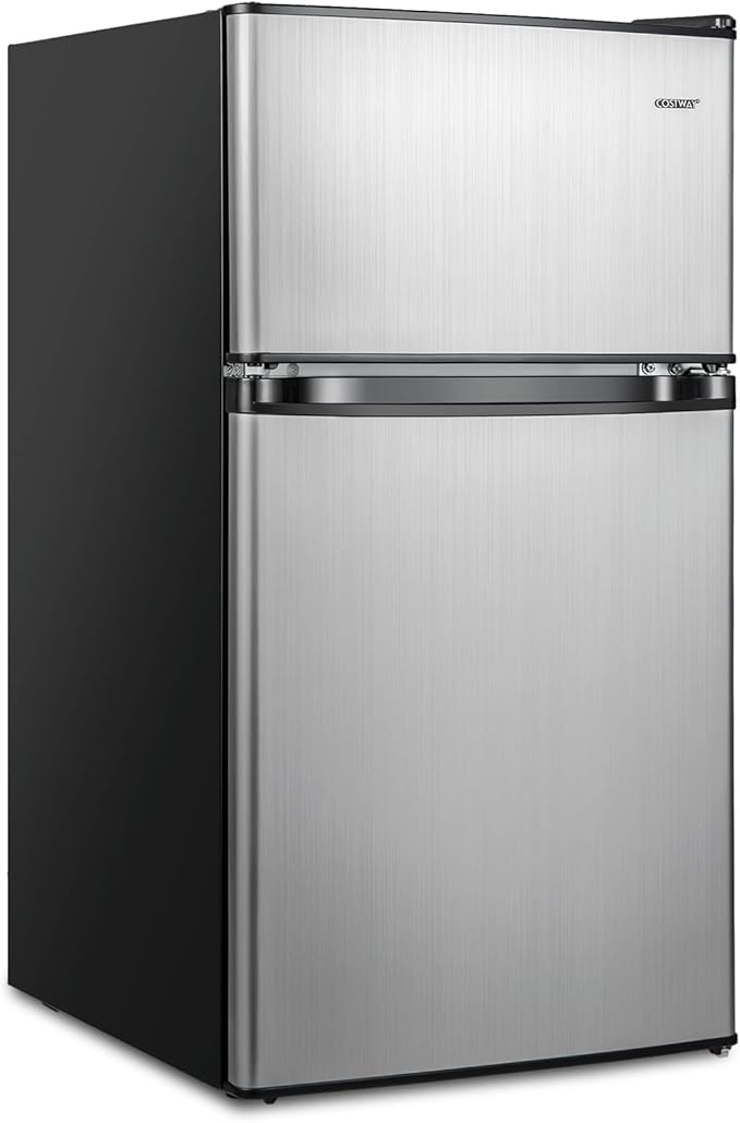 COSTWAY Compact Refrigerator, 3.2 Cu.Ft. Fridge Freezer Compartment with Reversible 2 Door, Adjustable Thermostat, Removable Glass Shelves, Mini Refrigerator for Bedroom Dorm Apartment, Silver
