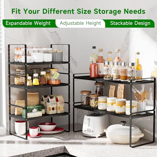 Expandable Kitchen Cabinet Shelf Organizer Rack Heavy Duty Metal Spice Rack Stackable Kitchen Counter Storage Shelf for Kitchen Cabinet Pantry Bathroom (Black - 16.5"-27" L x 8" W x 9.6" H - 1Pack) - color: Black - 16.5"-27" L X 8" W X 9.6" H - 1pack
