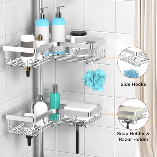 KEGII Corner Shower Caddy Tension Pole, Adjustable Shower Tension Rod Organizer, Floor to Ceiling Shower Caddy 25-114.2 inch, Silver - style: Tension Caddy 6 Pack-Brushed Silver