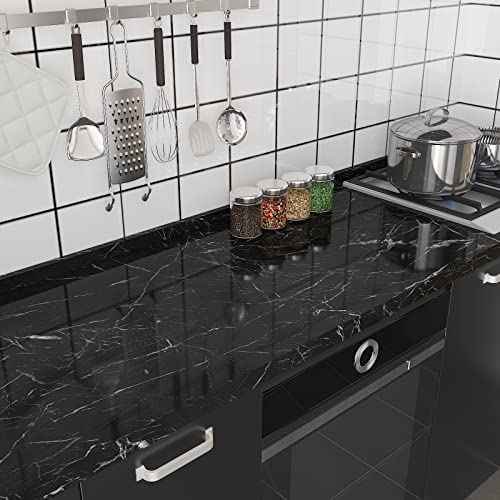 CRE8TIVE Black Marble Contact Paper for Countertops Waterproof Glossy Marble Wallpaper Peel and Stick Countertops Self Adhesive Removable Marble Vinyl Roll for Cabinets Table Tops Shelf Liner 12"x80"