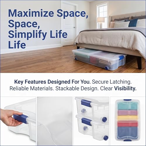 Blue Large Storage Bin, 66 Quart Clear Underbed Storage Container with Latch Lid and Wheels