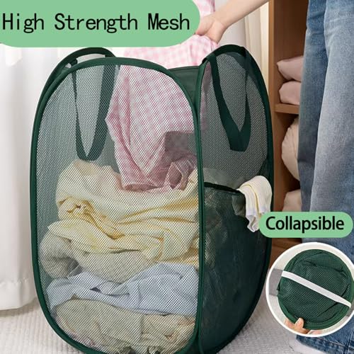 2Pack Collapsible Laundry Basket with Side Pocket, Mesh Pop Up Hamper Portable Carrying Handle, Cruise Room Storage Basket (Beige+Green) - color: Beige+Green