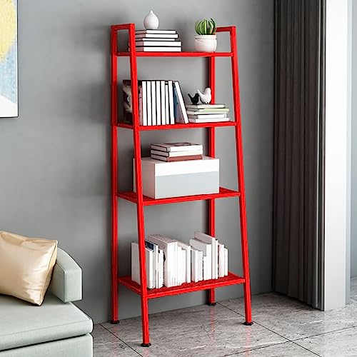 Ladder Metal Bookshelf Modern Bookcase with Rectangular Shelves Storage Rack Kitchen Storage Rack Multi-layer Bookshelf Floor-to-ceiling Trapezoidal Balcony Flower Stand Red(24"L x 14"W x 58"H, Red) - size: 24"L x 14"W x 58"H