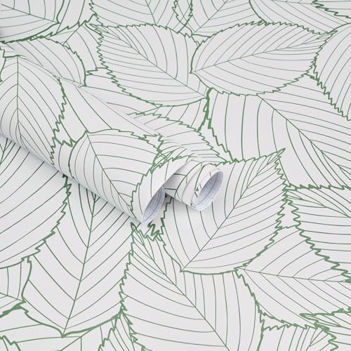Kitico 17.7" X118.1" Modern Green Leaf Wallpaper Leaf Peel and Stick Wallpaper Green and White Leaves Contact Paper Removable Self-Adhesive Waterproof Leaf Wall Paper for Wall Home Decor