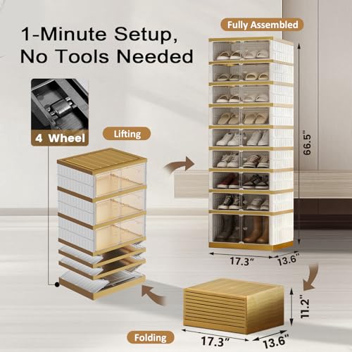SYNCVIBE Shoe Rack Organizer for Closet Entryway Foldable Sneaker Storage Shoe, Collapsible Shoe Cabinet, Stackable Shoe Storage Cabinet with Lids for Living Room (9 Tiers -18 Pairs White Gold) - size: 9 Tiers -18 Pairs White Gold