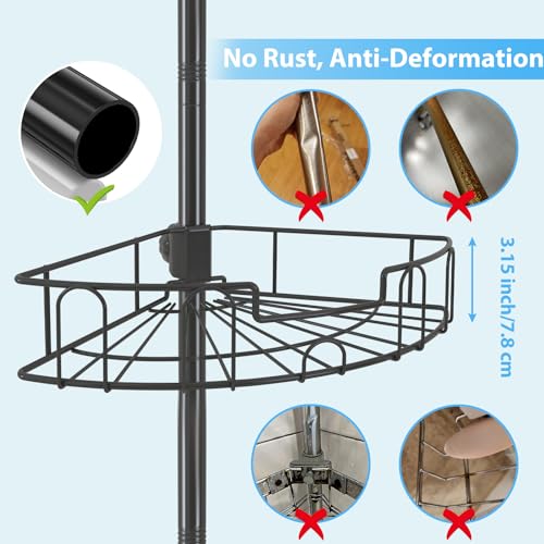 BsBsBest Shower Organizer Caddy - Stainless Steel Shower Shelves Rack, Adjustable Organization And Storage Head Holder, Rustproof Tension Pole, Black