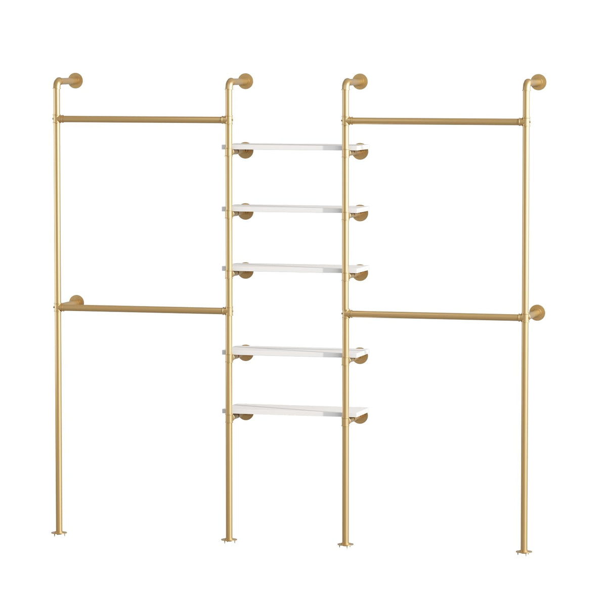 WTPLWD Industrial Pipe Clothing Racks with 5 Shelves, Wall Mounted Gold Clothes Rack for Hanging Clothes, Gold Wall Clothing Rack, Heavy Duty Clothes Rack for Walk in Closet, Laundry Room