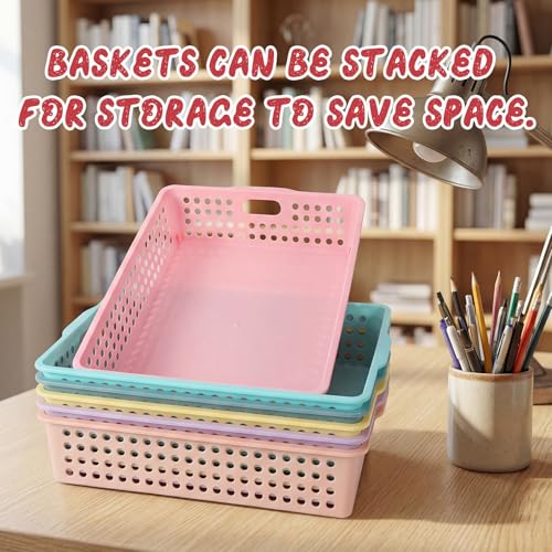 Tenceur 6 Pcs Turn in Trays Classroom, Stackable Tray for Classroom Plastic Storage Baskets Teacher Organizers for Library Drawers Office Desk (Classic,Pastel,13.5 x 10 x 3.1 Inches)