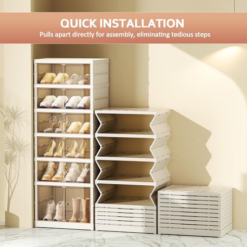 SYNCVIBE Foldable Shoe Rack Organize 6 Tier Plastic Shoe Shelf, 12 Pairs Collapsible Shoes Storage Bins, Large Folding Shoe Boxes for Closet with Doors, Stackable Storage Shoe Cabinet - size: 6 Tiers -12 Pairs