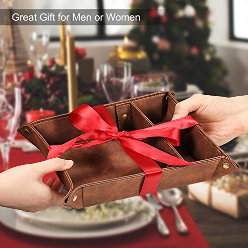 SITHON Valet Tray Desktop Storage Organizer, Removable 2 Compartments Catchall Tray Bedside Vanity Nightstand Caddy Holder Desk Storage Plate, Valentine's Day Gift, Brown - color: Brown