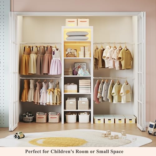 100'' Closet System with 4 Hanging Rods & LED Lights, 2-8 FT Wood Closet Organizer Systems with 5 Shelves, 6 Height Adjustable, Walk-in Closet Organizer Wardrobe Clothes Rack, Garment Rack, White